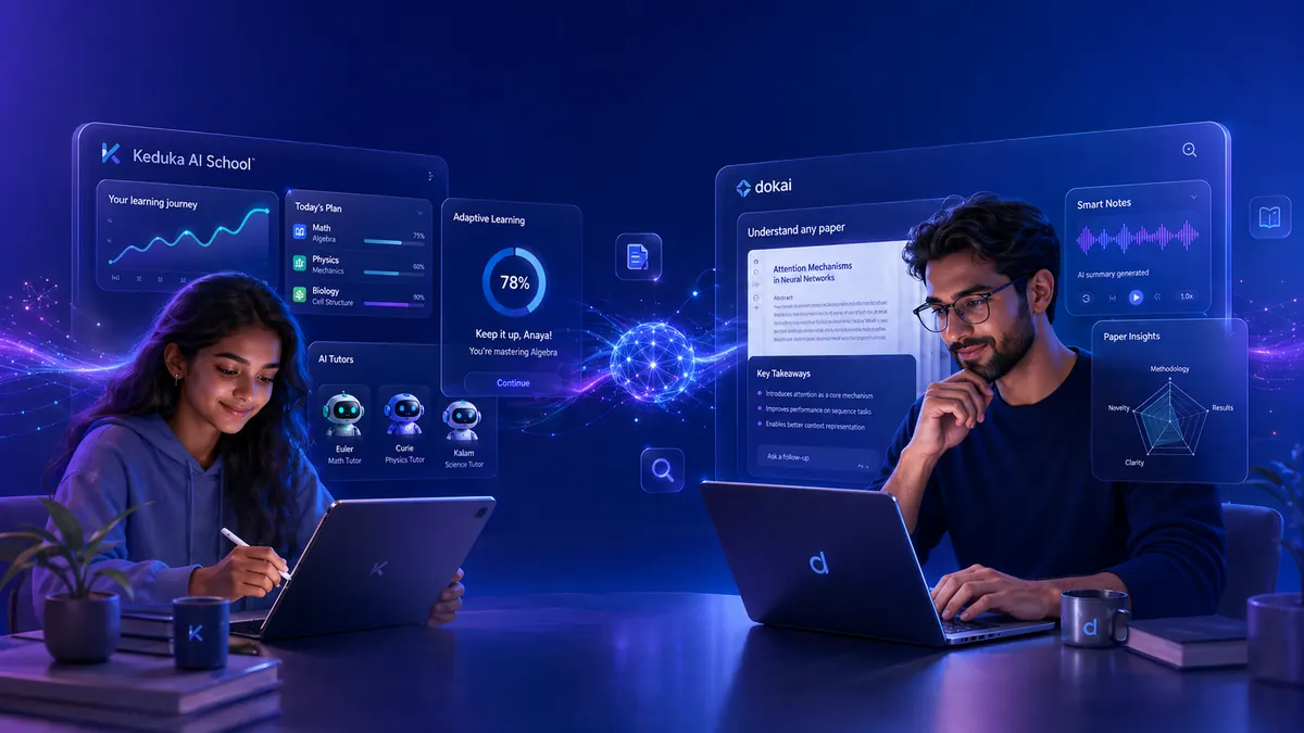 Two KAIS learners studying with the Keduka AI School dashboard and the dokai paper reader on their laptops.