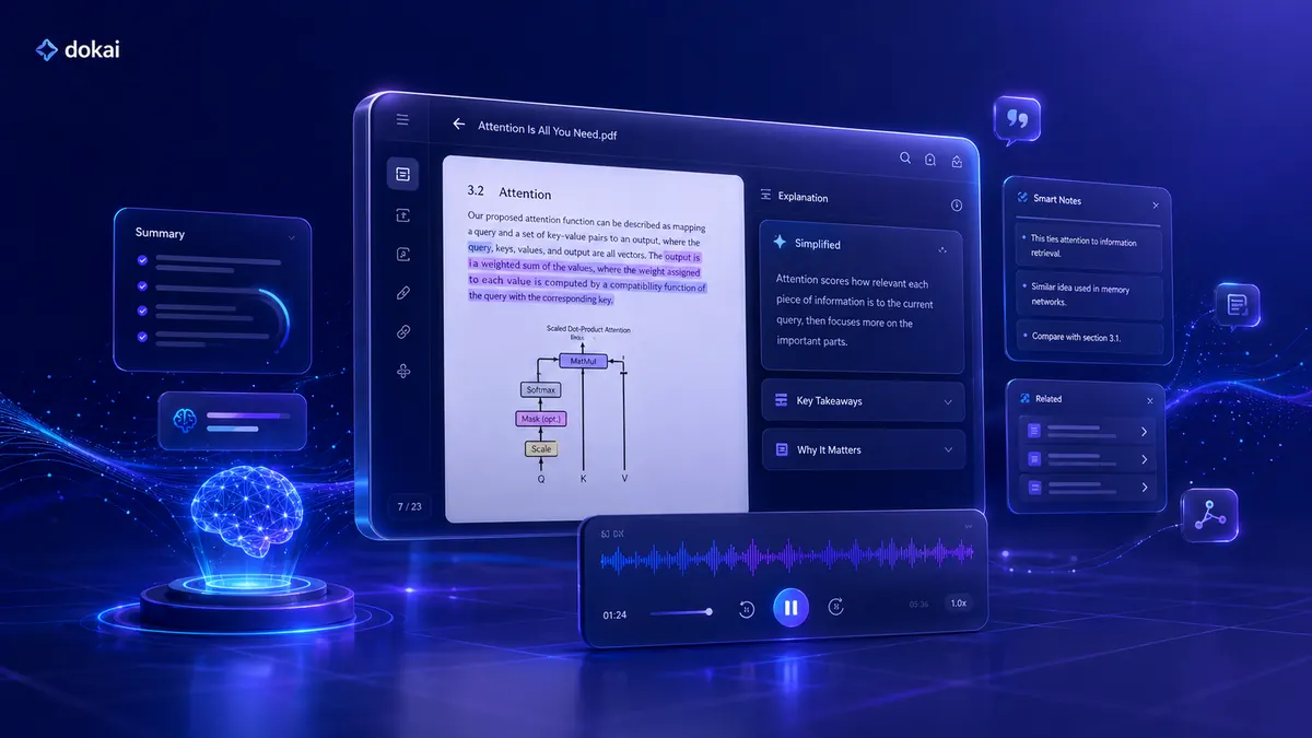 The dokai PDF reader showing a paper summary, simplified explanation, smart notes, Q&A, and an audio narration player.